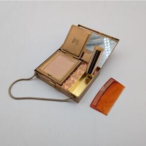 Vintage 1940s 50s Makeup Compact Cigarette Holder Wristlet Gold Starburst